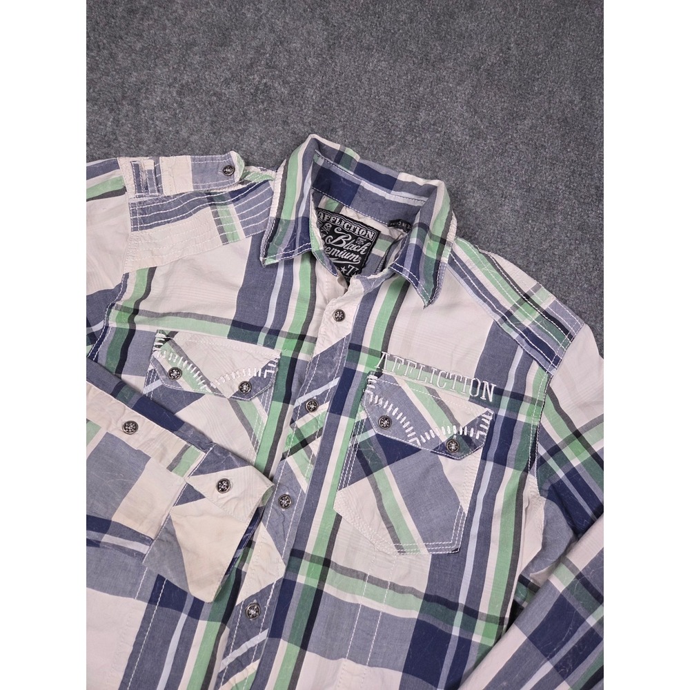Affliction Shirt Mens Large Button Down Blue Green Plaid Premium Embroidered